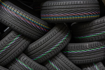 Stack of new tires at a warehouse