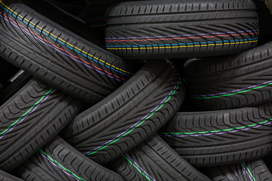 Stack of new tires at a warehouse