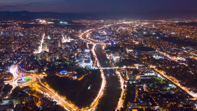 TWILIGHT HUPERLAPS, Drone light over the city, Tbilisi, Georgia