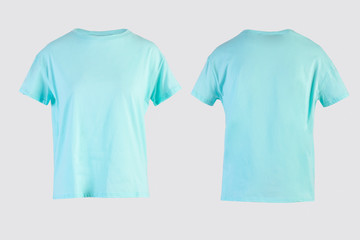 Blank baby blue female t-shirt Isolated on white background front and back rear view on invisible mannequin