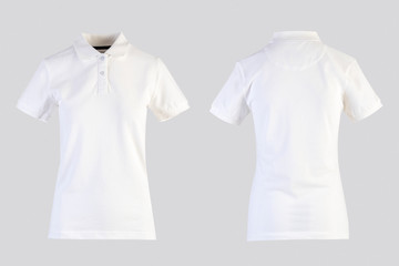 White womens blank polo shirt, front and back view isolated on white on invisible mannequin