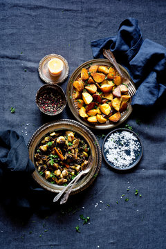 Dinner Sides - Grilled Brussels Sprouts with Chanterelles and Roasted Potatoes with Parsley & Salt.