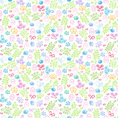 Fototapeta na wymiar Easter eggs, leaves, chicks and flowers. Hand draw seamless pattern. Texture for fabric, wrapping, wallpaper. Decorative print.