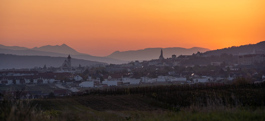 Panaoramic sunset view of Eisenstadt, Burgenland in Austria during blue hour