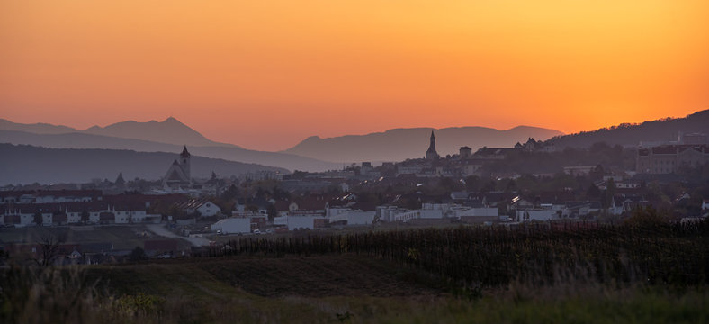 Panaoramic sunset view of Eisenstadt, Burgenland in Austria during blue hour