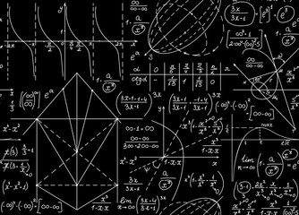 Math vector seamless pattern with handwritten formulas, calculations, figures, chalk writings on blackboard effect
