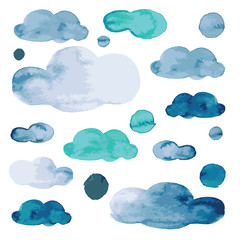 Painted blue ink winter sky clouds with snow watercolor style vector illustration set