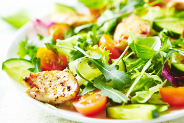 Healthy Salad with Chicken Briest, Cherry Tomatoes, Cucumber, Rocket and fresh Basil. Close up. 