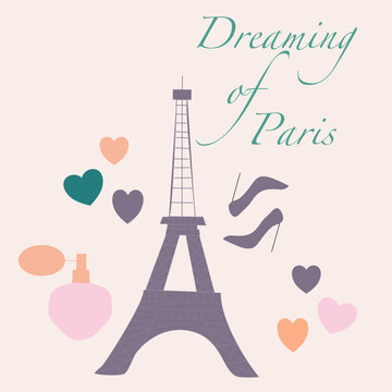 vector illustration with tour eiffel, perfume and high heels