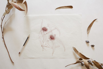Artist table with drawing and real plants