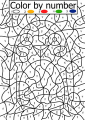 Color by number puzzle for kids. Cute Antarctica penguin coloring page illustration for children. Winter holidays simple riddle game. One of a series.