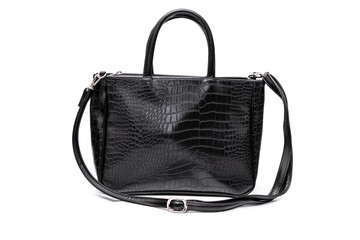 Luxury fashion women leather black handbag isolated on a white background.