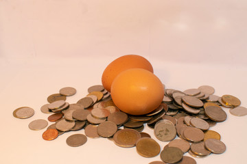 Eggs placed on Thai baht coins