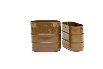 Open green metal container stands on white background