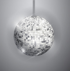 Disco ball isolated on grayscale background. Night Club party light element. Bright mirror silver ball design for disco dance club. 
