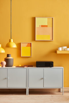 Contemporary interior with music system on cabinet