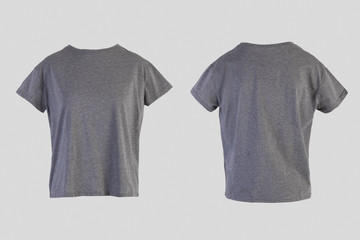 Blank gray female t-shirt Isolated on white background front and back rear view on invisible...