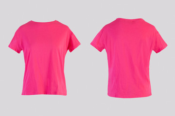 Blank pink female t-shirt Isolated on white background front and back rear view on invisible mannequin