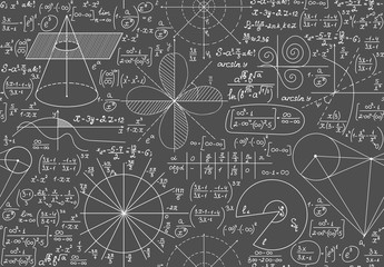 Vector mathematical seamless background with formulas, handwritten with chalk on a grey blackboard