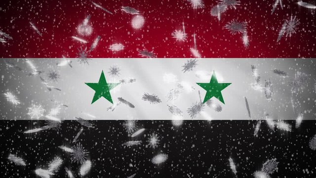 Syria flag falling snow loopable, New Year and Christmas background, loop.
