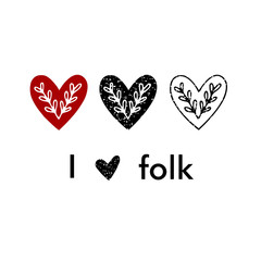 Folk hearts with leaves red black and white with i love folk words. For logos, branding, stationary, banners