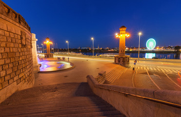 Szczecin by night, city in Poland.  Popular boulevard on the Odra River