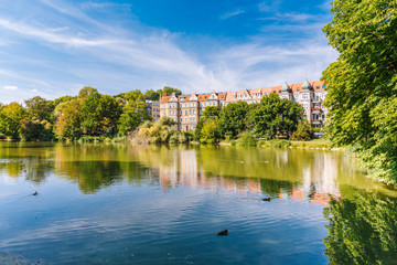 Szczecin.  Kasprowicz city park.  A place for walks and relaxation for residents - obrazy, fototapety, plakaty