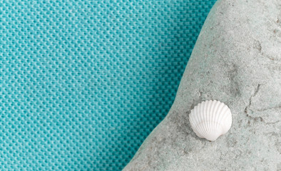 A small white seashell lies on a gray stone. Blue aqua trendy fabric background with empty place for text.