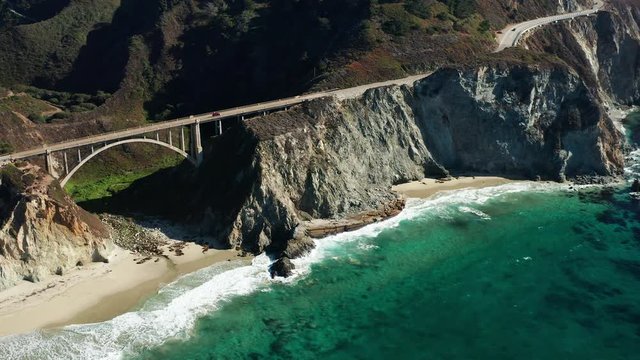 Aerial still shot of Bixby Creek Bridge in Big Sur, California, Pacific Ocean