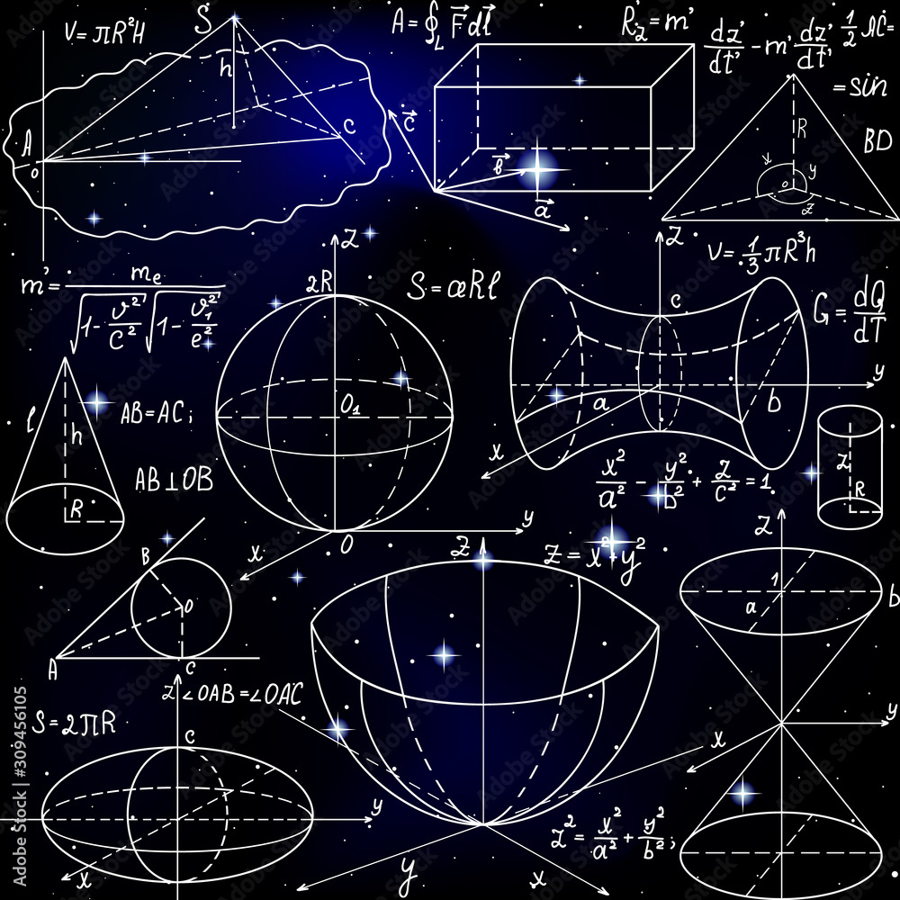 Wall mural beautiful vector seamless pattern with mathematical figures, plots and formulas, handwritten on the 