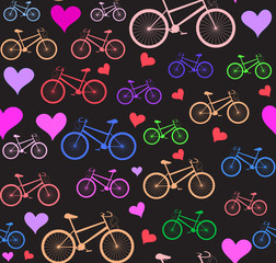 Fototapeta na wymiar Vector seamless pattern with multicolored bikes and hearts, 