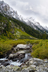 Fototapeta na wymiar A beautiful stream runs through a valley in the Tetons with snow capped peaks and autumn colors.