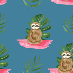 Adorable hand painted pattern with watercolor sloth sitting in yoga pose and tropical leaves. Seamless tropical drawing for textile prints, child poster, cute stationery.