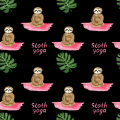 Adorable hand painted pattern with watercolor sloth sitting in yoga pose and tropical leaves. Seamless tropical drawing for textile prints, child poster, cute stationery.