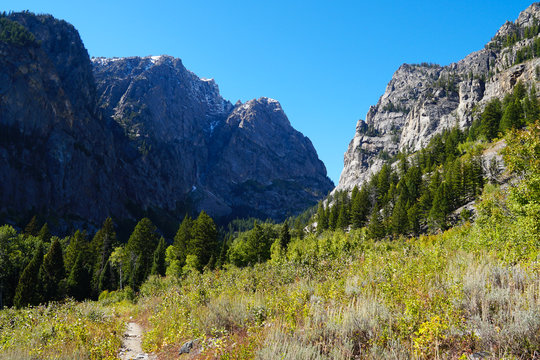 A hiking trail leads deep into the beautiful Death Canyon in Grand Tetons National Park.