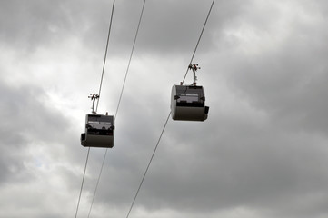 Cable car on a background of cloudy dark sky.