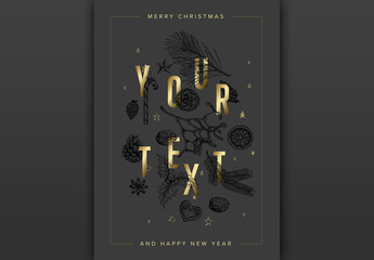 Christmas Card Layout with Gold Letters and Illustrated Elements