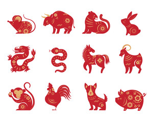 Chinese new year, zodiac signs, papercut icons and symbols. Vector illustrations - obrazy, fototapety, plakaty