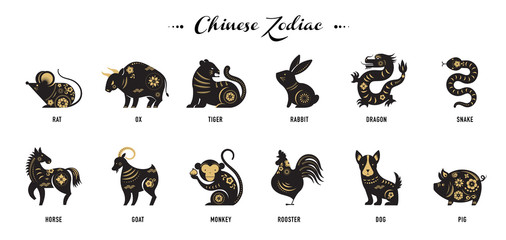 Chinese new year, zodiac signs, papercut icons and symbols. Vector illustrations - obrazy, fototapety, plakaty