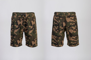Sport shorts ,camo color, front and back view isolated on white.