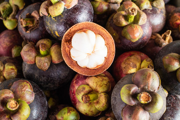 Mangosteen and cross section showing the thick purple skin and white flesh of the queen of friuts