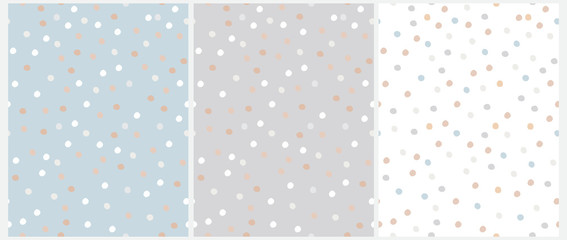 Simple Hand Drawn Irregular Dots Vector Patterns. Blue, Brown, White and Beige Dots on a Gray, Blue and White Background. Infantile Style Abstract Dotted Vector Print Ideal for Fabric, Textile, Cover. - obrazy, fototapety, plakaty