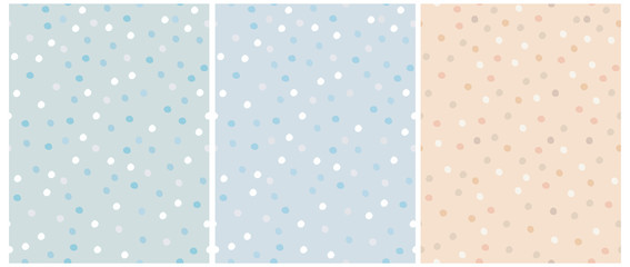 Simple Hand Drawn Irregular Dots Vector Patterns. Blue, Brown, White and Beige Dots on a Green, Blue and Light Cream Background. Infantile Style Abstract Dotted Print Ideal for Fabric, Textile, Cover.
