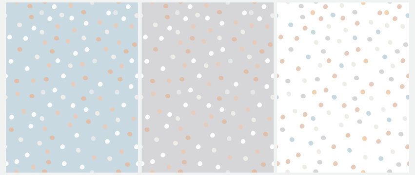 Fototapeta Simple Hand Drawn Irregular Dots Vector Patterns. Blue, Brown, White and Beige Dots on a Gray, Blue and White Background. Infantile Style Abstract Dotted Vector Print Ideal for Fabric, Textile, Cover.