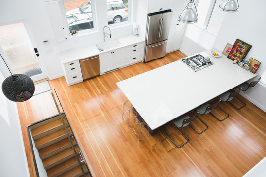 Top down view of kitchen and stairwell