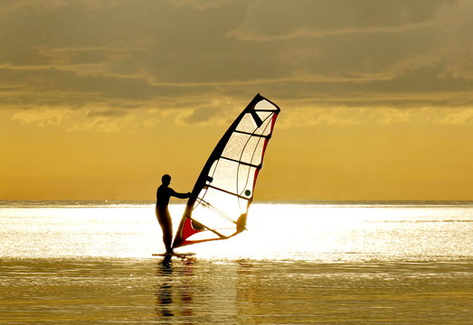 Windsurfing in the rays of the setting sun. Silhouette of a man on a golden background.