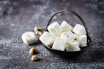 Turkish delight, Oriental sweetness with cashews nuts in a bowl