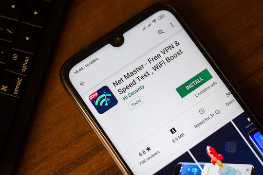 Ivanovsk, Russia - June 26, 2019: Net Master - Free VPN & Speed Test, WiFi Boost app on the display of smartphone.