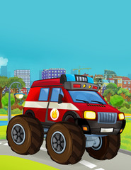 cartoon scene with fireman vehicle on the road - illustration for children