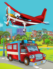 Obraz na płótnie Canvas cartoon scene with fireman vehicle on the road driving through the city and plane flying over - illustration for children